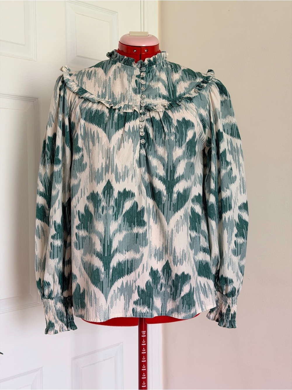 $242 NWOT Olivia James The Label Ella Ruffle Button Blouse Ikat Cotton XS-S